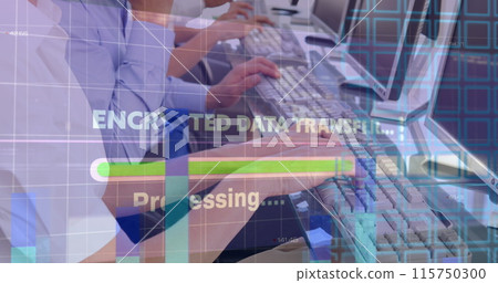 Image of data processing and encrypted data over hands of diverse call center workers Image of data processing and encrypted data over hands of diverse call center workers 115750300