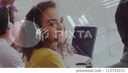 Image of financial graphs and data over happy biracial call center worker Image of financial graphs and data over happy biracial call center worker 115750331