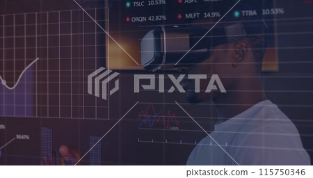 Image of data processing over african american man using vr headset 115750346