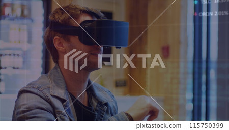 Image of data processing over caucasian man using vr headset 115750399
