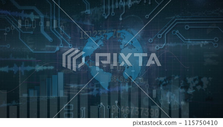 Image of data processing over globe and motherboard 115750410