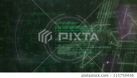 Image of data processing text over scope and motherboard 115750436