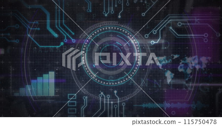 Image of scope scanning and data processing over computer circuit board on black background Image of scope scanning and data processing over computer circuit board on black background 115750478