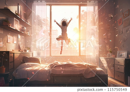 girl jumping on the bed 115750549