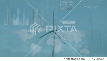 Image of multiple graphs, numbers and map over low angle view of spinning windmill 115750564