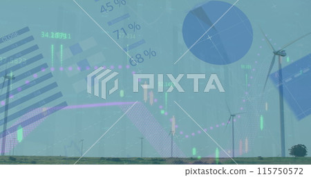 Image of infographic interface over spinning windmills against clear sky Image of infographic interface over spinning windmills against clear sky 115750572