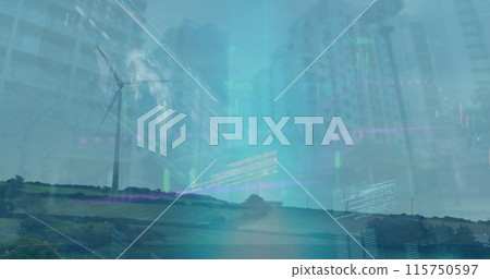 Image of globe, database and numbers over low angle view of buildings, windmill on landscape Image of globe, database and numbers over low angle view of buildings, windmill on landscape 115750597