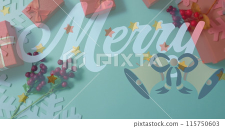 Image of christmas greetings text over christmas presents and decorations Image of christmas greetings text over christmas presents and decorations 115750603