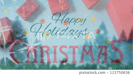 Image of christmas greetings text over christmas presents and decorations 115750636