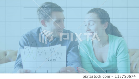Image of financial data processing and statistics over caucasian couple Image of financial data processing and statistics over caucasian couple 115750674