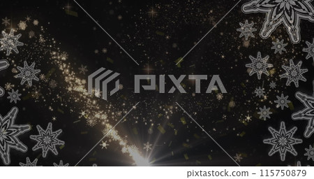 Image of christmas shooting star and snow falling over christmas decorations Image of christmas shooting star and snow falling over christmas decorations 115750879