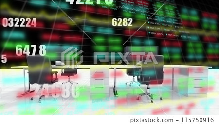 Image of data processing and desks in office over stock market Image of data processing and desks in office over stock market 115750916