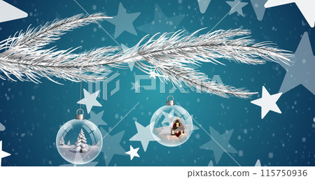 Image of christmas bubbles and stars with snow falling on blue background 115750936