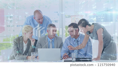 Image of screens of mosaic square over diverse businesspeople discussing over laptop at office Image of screens of mosaic square over diverse businesspeople discussing over laptop at office 115750940