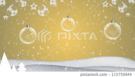 Image of christmas bubbles and snow falling on yellow background 115750944