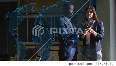 Image of world map and data processing over business people using tablet 115751059