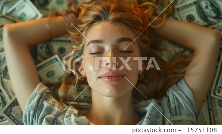 woman lying on money 115751108