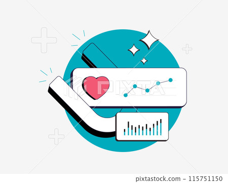 Post Engagement Campaign concept. Increase in social media rates, likes, followers and audience engagement. Flat vector isolated outline illustration with huge magnets that attract likes 115751150