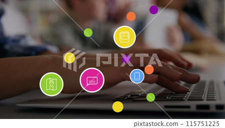Image of network with icons and data processing over laptop Image of network with icons and data processing over laptop 115751225