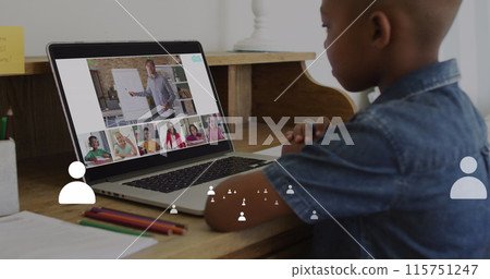 Image of icons and data processing over african american schoolboy online schooling on laptop Image of icons and data processing over african american schoolboy online schooling on laptop 115751247
