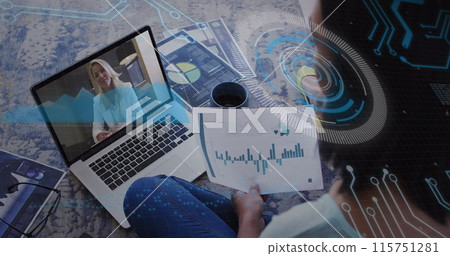 Image of statistics and data processing over diverse business people having image call 115751281