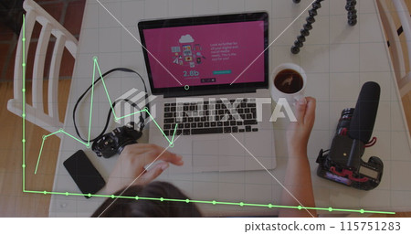 Image of green line, statistics and data processing over businesswoman using laptop Image of green line, statistics and data processing over businesswoman using laptop 115751283