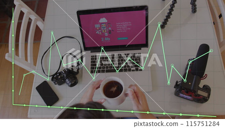 Image of green line, statistics and data processing over businesswoman using laptop Image of green line, statistics and data processing over businesswoman using laptop 115751284