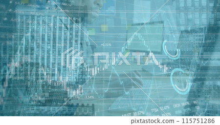 Image of financial data processing over african american businessman using computer at office Image of financial data processing over african american businessman using computer at office 115751286