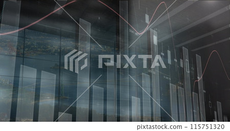 Image of statistical data processing over aerial view of cityscape from window 115751320