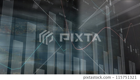 Image of statistical data processing over aerial view of cityscape from window Image of statistical data processing over aerial view of cityscape from window 115751321
