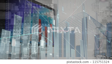 Image of statistical data processing over computer against inverted tall buildings 115751324