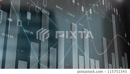 Image of financial graphs moving over cityscape Image of financial graphs moving over cityscape 115751343