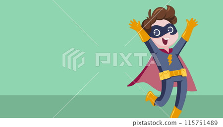 Image of caucasian boy wearing superhero costume icon on green background Image of caucasian boy wearing superhero costume icon on green background 115751489
