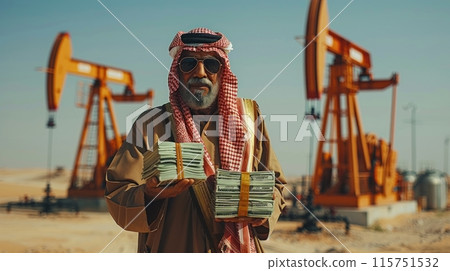 Arab sheikh pumps oil in the desert 115751532