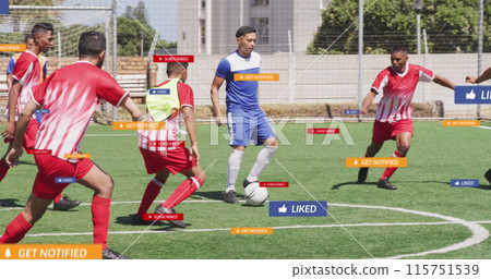 Image of social media icons over diverse male soccer players playing soccer on sports field Image of social media icons over diverse male soccer players playing soccer on sports field 115751539