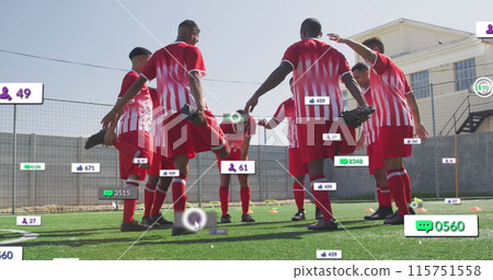 Image of social media icons over team of diverse male soccer players stretching on sports field 115751558