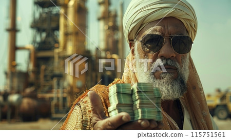 Arab sheikh pumps oil in the desert 115751561