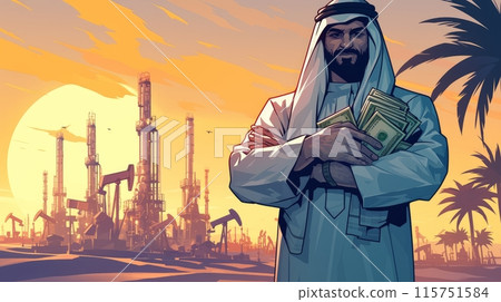 Arab sheikh pumps oil in the desert Arab sheikh pumps oil in the desert 115751584