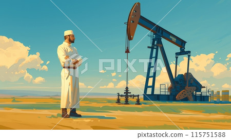 Arab sheikh pumps oil in the desert Arab sheikh pumps oil in the desert 115751588