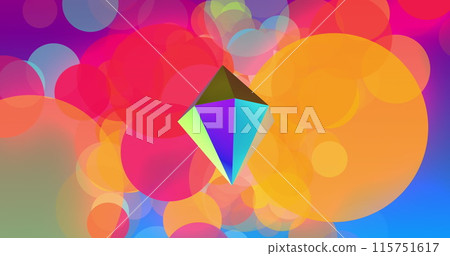 Image of 3d multicoloured shape over neon multi coloured background 115751617