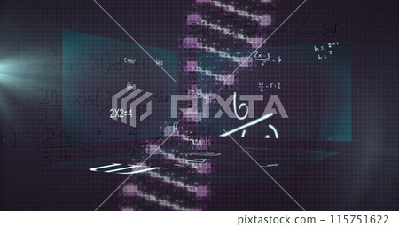 Image of dna helix, lens flare and mathematical equations against abstract background 115751622