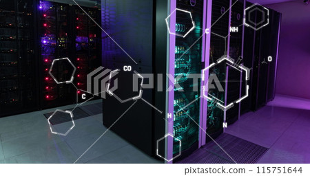 Image of chemical structures floating against computer server room 115751644