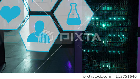 Image of multiple medical icons against computer server room Image of multiple medical icons against computer server room 115751646