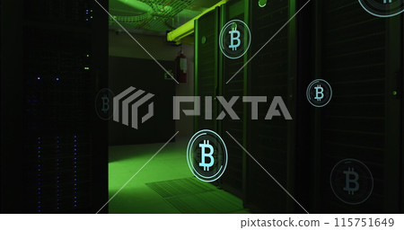 Image of multiple bitcoin symbols floating against computer server room 115751649