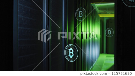 Image of multiple bitcoin symbols floating against computer server room 115751650