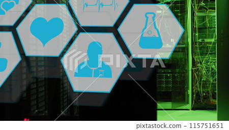 Image of multiple medical icons against computer server room 115751651