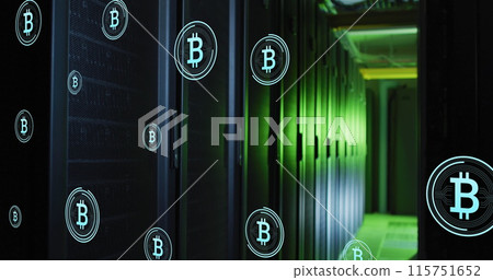 Image of multiple bitcoin symbols floating against computer server room Image of multiple bitcoin symbols floating against computer server room 115751652