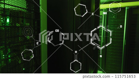 Image of chemical structures floating against computer server room Image of chemical structures floating against computer server room 115751653