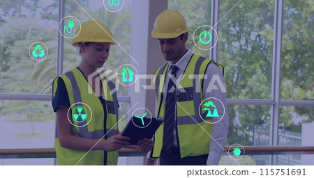 Image of connections with icons over diverse business people in office Image of connections with icons over diverse business people in office 115751691