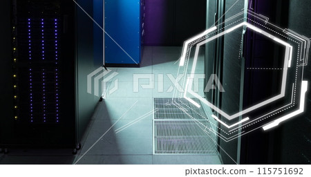 Image of chemical structures floating and data processing against computer server room Image of chemical structures floating and data processing against computer server room 115751692